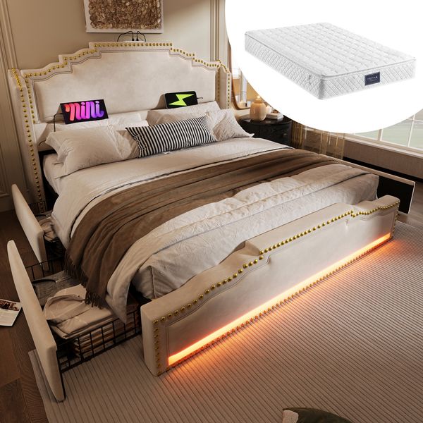 Polsterbett 140×200 cm mit 4 Schubladen, LED und USB/Type-C, Beige, inkl. Matratze