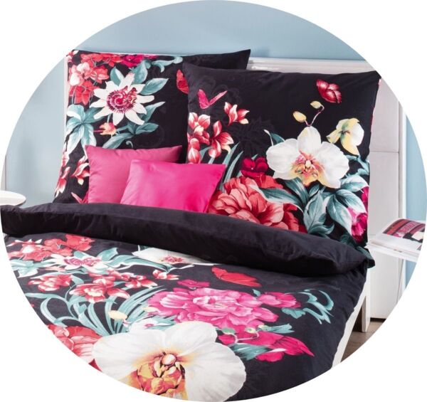 Kaeppel Bettwäsche Kaeppel Linon / Renforcé Bettwäsche 155x220cm 2 tlg. Euphoria Pink, Renforcé, 2 teilig, Schwarze Bettwäsche mit buntem großen Blumenmotiv