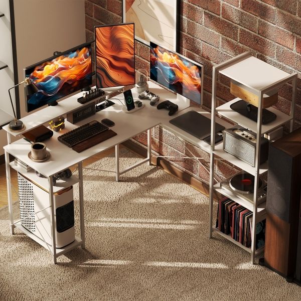 Schreibtisch in L-Form mit Regal & Monitorständer, 137 x 140 x 139,5 cm, Weiß