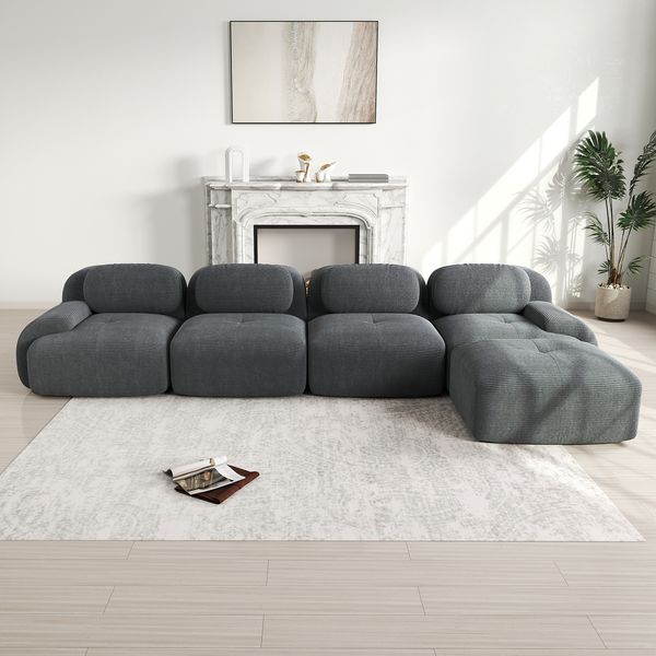 Ecksofa aus Cordstoff, modular & rahmenlos mit Chaiselongue, 388 x 178 x 75 cm, grau