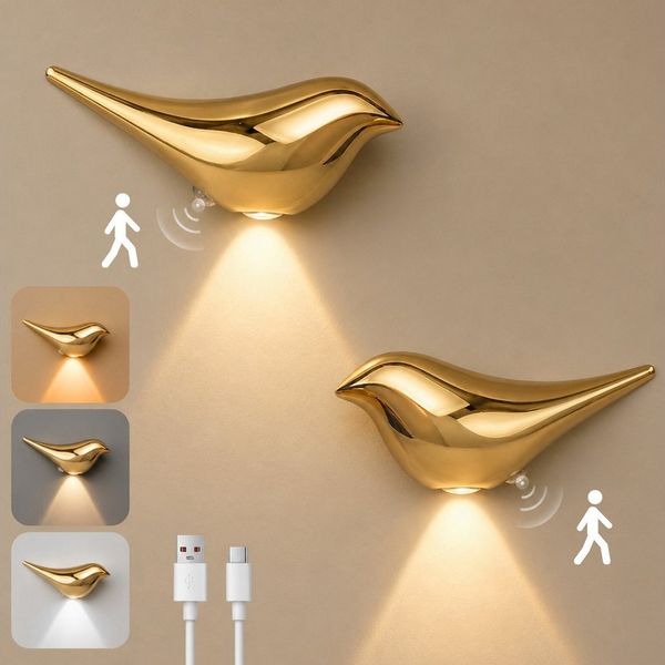 Lapalife LED Wandleuchte Akku Vogel-Wandleuchte Innen, Wandlampe Mit Bewegungsmelder, 3 Farben, 2er Pack, Kabellos Magnetisch, für Kinderzimmer Flur Treppe Dekoration