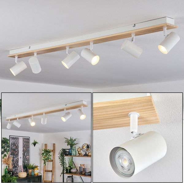 hofstein Deckenleuchte Deckenlampe aus Metall/Holz in Weiß/Naturfarben, ohne Leuchtmittel, Deckenleuchte im Boho-Design mit verstellbaren Schirmen, 6 x GU10