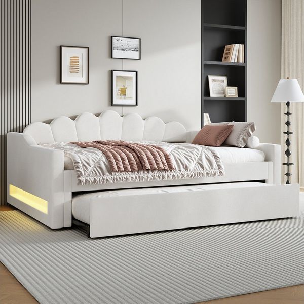 Merax Daybett mit LED- Beleuchtung & blütenförmigem Kopfteil (Kinderbett Polsterbett Jugendbett, 1 tlg), Schlafsofa Tagesbett 140x200 cm mit Ausziehbett 90x190 cm, Samt