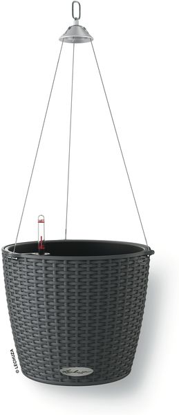 LECHUZA-Pflanzgefäß NIDO Cottage 28 Granit | Hängeampel mit Bewässerungssystem, Wasserstandsanzeiger und Pflanzeinsatz | Flechtoptik | Ø 27 x 23 cm | 15193