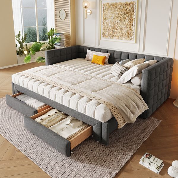 Daybett, Tagesbett, 90 x 200cm, Sofabett mit quadratischer Rückenlehne, ausziehbares Bett (ausziehbar auf 180 Queensize), 2 Schubladen, ohne Matratze, Grau