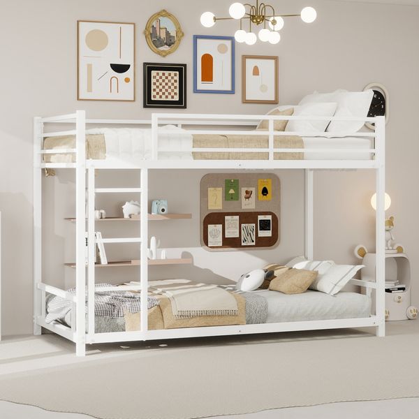 Flieks Etagenbett 90x190cm, Einzelbett 2er Set, Jugendbett, Gästebett mit Leitern und Geländer, Lärmfrei, Metall, Weiß
