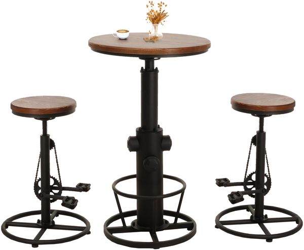 Set Bartisch + 2x Barhocker HWC-N20, Barstuhl Stehtisch höhenverstellbar drehbar Fußablage Industrial Holz ~ braun