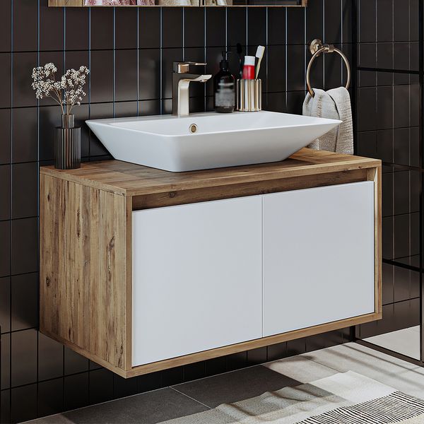 Roomart ATLANTIC-85 Badmöbel Set– 2-teiliges Badezimmermöbel Set - Waschbecken mit Unterschrank - H 45 x B 45 x T 85 cm • Weiß-Eiche