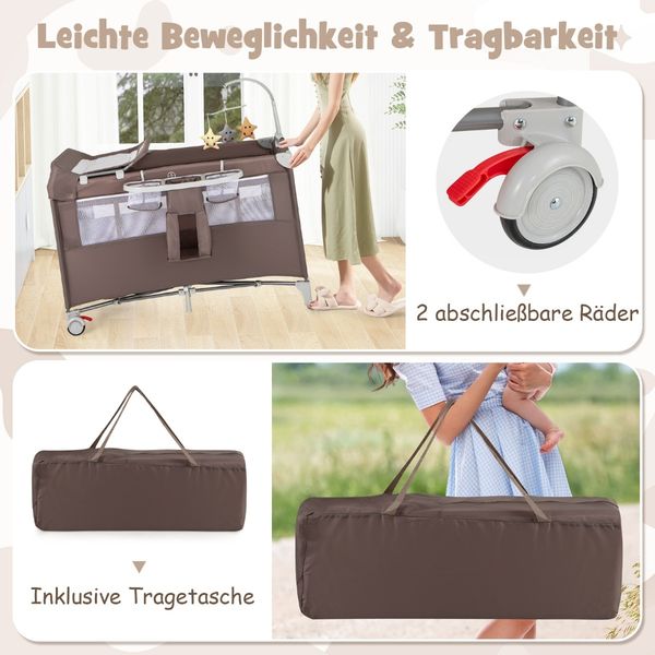 5 in 1 Beistellbett klappbar Reisebett mit Matratze 2 Ebene Babybett mit Rollen Braun