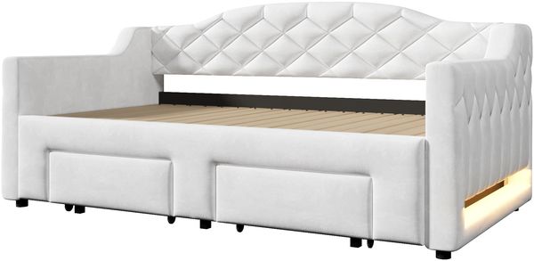 Merax Daybett, Polsterbett, Tagesbett, 90/180x200cm mit Schubladen und LED-Beleuchtung, Weiß Bild 8
