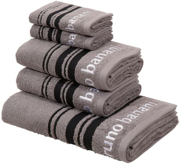 Bruno Banani Handtuch Set Daniel, 1 Duschtuch 70x140, 2 Handtücher 50x100, 2 Gästetücher 30x50, Walkfrottee (Set, 5-St), Streifen-Bordüre & Markenlogo, weich, 100% Baumwolle