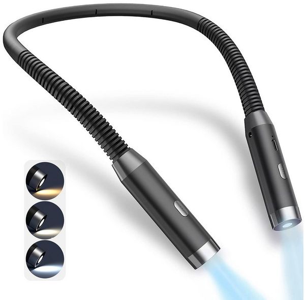 Sunicol LED Leselampe Hals Leselampe Buch, 3 Farben und 3 Helligkeitsstufen, Wiederaufladbar, Halslampe für Lesen Stricken Häkeln Nähen Campen Reparieren
