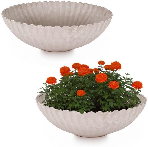 matches21 HOME & HOBBY Blumentopf Runde Pflanz-Schalen gewellt für draussen sand beige marmoriert 22 cm (2 St), Wetterfeste Blumen-Schale als moderne Outdoor Gartendeko Grabschmuck