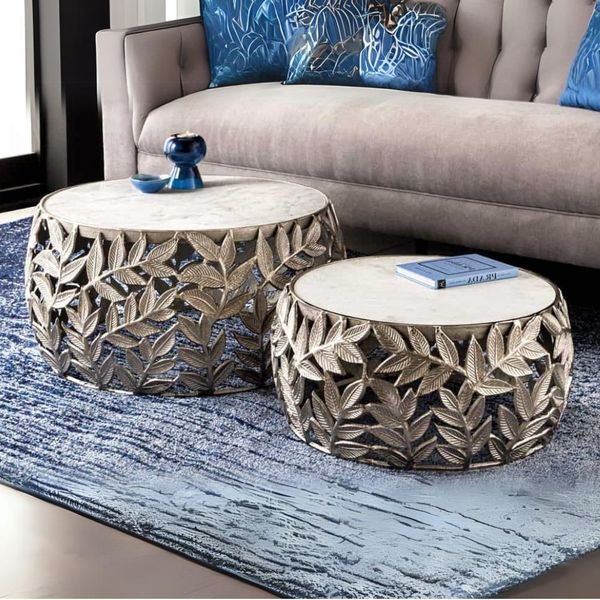 Extravagantes Couchtisch-Set RIXOS-Leaf ca. 70cm Metall silber Marmor Handarbeit