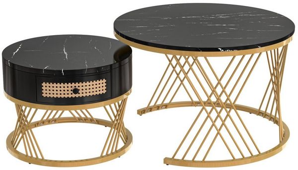 Refined Living Couchtisch 2 in 1 Runder Couchtisch aus MDF, Beistelltisch, Wohnzimmertisch (2-St, Sofatisch mit Schubladen aus Kunststoff-Rattan, Platzsparender,Robust), mit Tischplatte aus Marmor, goldene Eisenfüße, 70*70*45,5+50*50*38,5cm