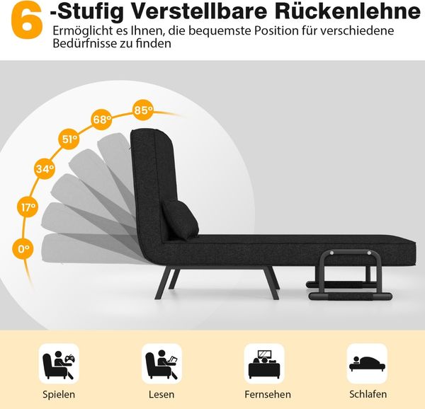 Schlafsessel mit Bettfunktion Klappsofa Schlafsofa mit verstellbarer Rückenlehne & abnehmbarem Kissen Schwarz