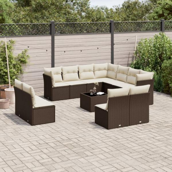 vidaXL 12-tlg. Garten-Sofagarnitur mit Kissen Braun Poly Rattan 3217833