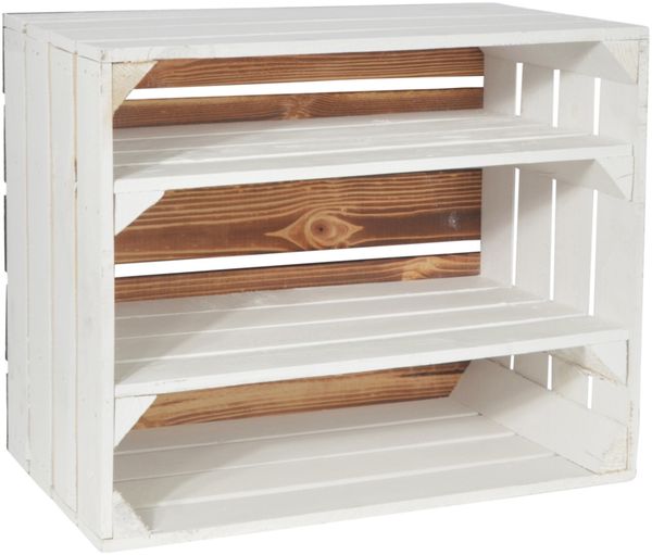 CHICCIE 3 Set Holzkiste Grete Weiß Geflammt - 2x Langes Regal Obstkiste Dekokiste Weinkiste