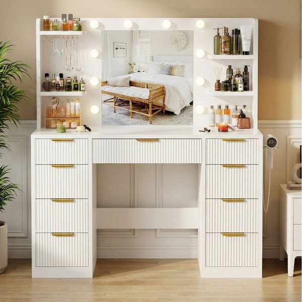 Furnicopia Schminktisch Mit einstellbarer LED-Beleuchtung, 7 Schubladen und 4 Fächern (Große Größe: 110 × 40 × 137 cm, mit 1 USB-Anschluss, 1 Typ-C-Ladeanschluss, 2 Netzsteckdosen und 1 Föhnhalterung. Erhältlich in Weiß oder Schwarz-ostern geschenke)