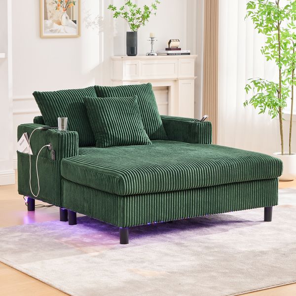 Relaxsessel mit Sitzfläche 128x134x43 cm, Emerald, Cord, LED-Mehrfarbenlicht, USB-Anschluss und Getränkehalter