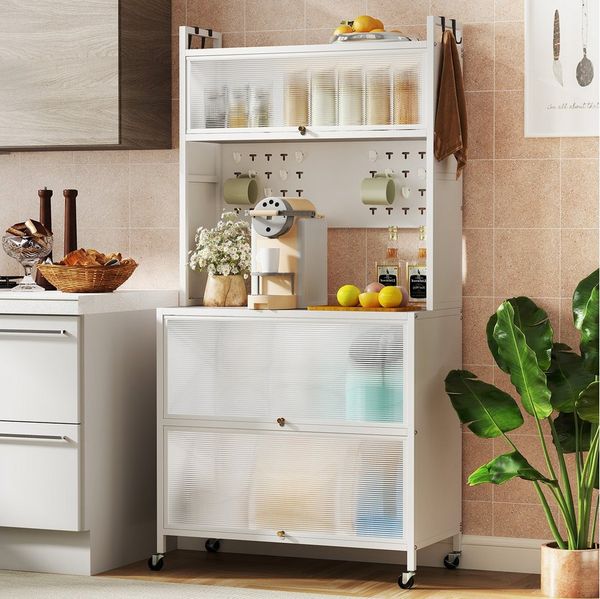 COSTWAY Küchenregal, Küchenschrank mit Rollen, Klapptüren, Stecktafel, Haken, 80x40x160cm