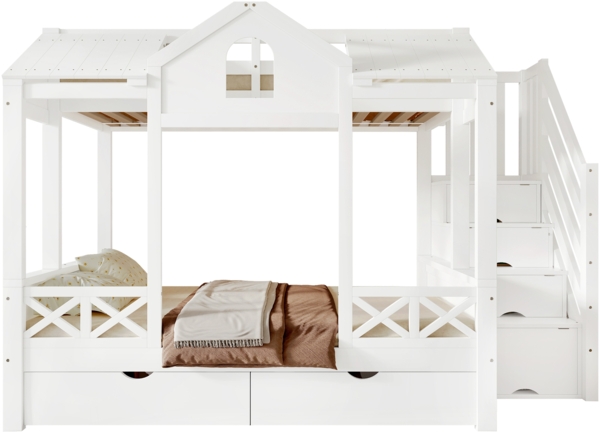 Merax Etagenbett, zwei Schubladen mit Rollen, Fenster und Dach, Treppenhausschrank mit 4 Staufächern, Holz Weiß, 90x200 cm & 140x200 cm