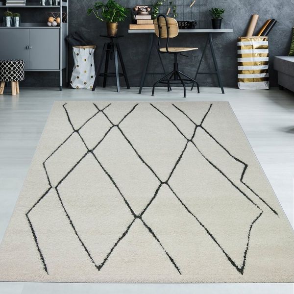 TeppichHome24 Teppich Flauschiger Teppich creme Rauten in schwarz, rechteckig