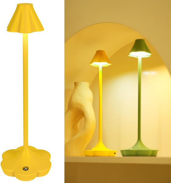 LuminexDesigns Touch-Control Nachttischlampe Kabellos, Wiederaufladbare Dimmbare Lampe mit 3 Farbtemperaturen, IP54 Blumen-Design für Gemütliche Atmosphäre Wohnzimmer Schlafzimmer Zuhause – Gelb