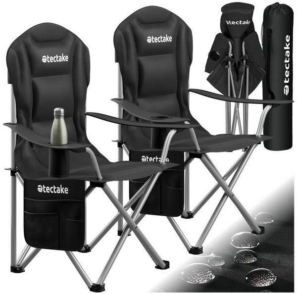tectake Campingstuhl Gepolsterter Gartenstuhl, Belastbarkeit 120 kg, 88,5 x 55 x 103 cm (Outdoor Klapptstuhl MTX für Außen in Schwarz, 2 St), wasserabweisendes 600D Oxford-Gewebe, faltbar, inkl. Tragetasche