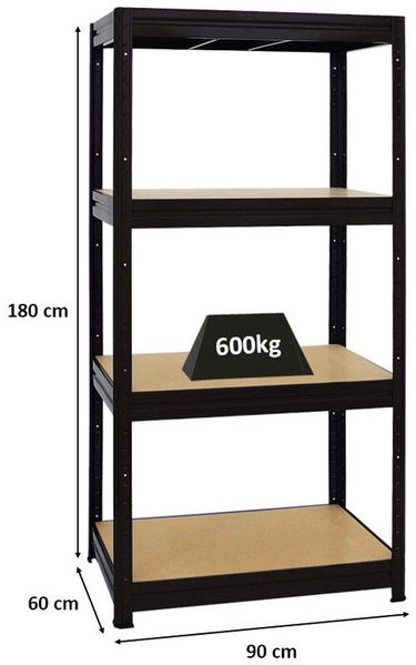 PROREGAL Schwerlastregal Dino Extra Breit 180 x 160 x 60 cm Fachlast 600kg Schwarz, Garagenregal, Lagerregal, Steckregal, Weitspannregal