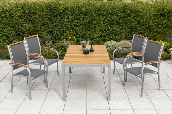 Siena Set 5tlg, Stapelsessel & 150 x 90 cm, silber/schwarz