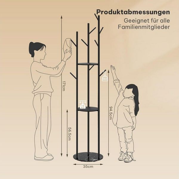 EUGAD Garderobenständer, (1 St), Baumform Kleiderständer mit 3 Ablagen Marmorbasis