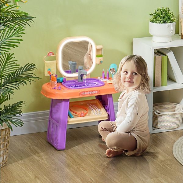 AIYAPLAY Schminktisch mit Spiegel, LED Licht, Musik (Kosmetiktisch, 1-St, Frisiertisch), mit Wasserhahn, Zubehör für 3-6 Jahre Kinder, Violett