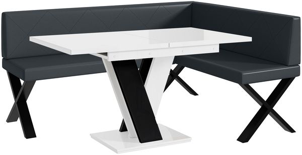 MEBLINI Eckbank für Esszimmer mit ausziehbarem Tisch - Küchenbank - Essecke - Sitzecke Küche - ERIC - X-Beine 128x168x87cm Rechts - Dunkelgrau Kunstleder/M Weiß-Schwarz Hochgl.