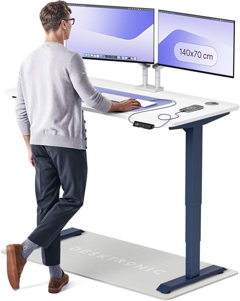 Desktronic HomePro Elektrisch höhenverstellbarer Schreibtisch 140x70cm Blau/Weiß mit Memory-Funktion, Anti-Kollisions Technologie, USB-A und USB-C-Ladeanschlüssen