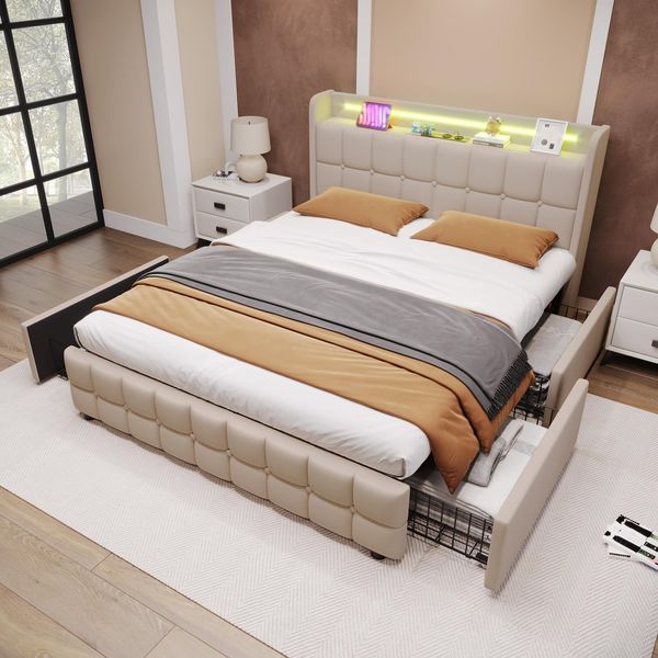 Ball & Cast Polsterbett 160x200, Stauraumbett mit Beleuchtung, Ladestation und 4 Schubladen, Bettgestell mit Kopfteil & Lattenrost, ohne Matratze, Beige
