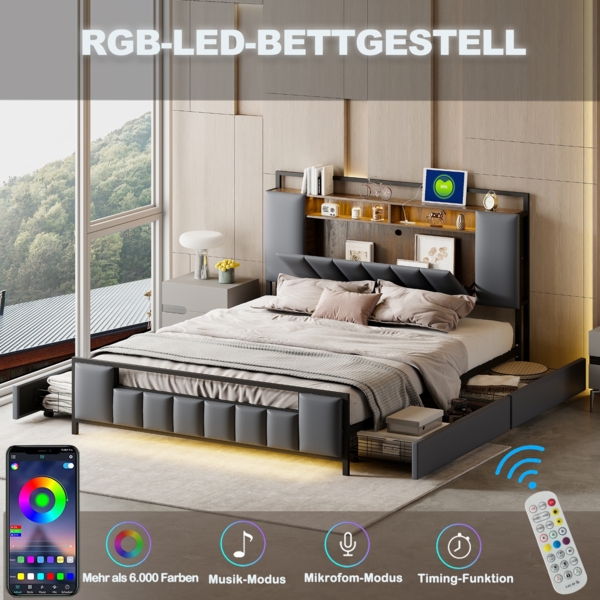 Merax LED Polsterbett mit USB-Aufladen und 4 Schubladen, Grau, 160x200 cm Bild 2