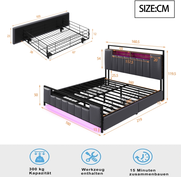 Merax LED Polsterbett mit USB-Aufladen und 4 Schubladen, Grau, 160x200 cm Bild 4