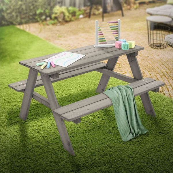ML-DESIGN Garten-Kindersitzgruppe Kindersitzgarnitur für Draußen, Spielsitzgruppe mit 4 Plätzen, Grau Picknicktisch Sitzgarnitur 2 Bänke mit Tisch Massivholz Outdoor
