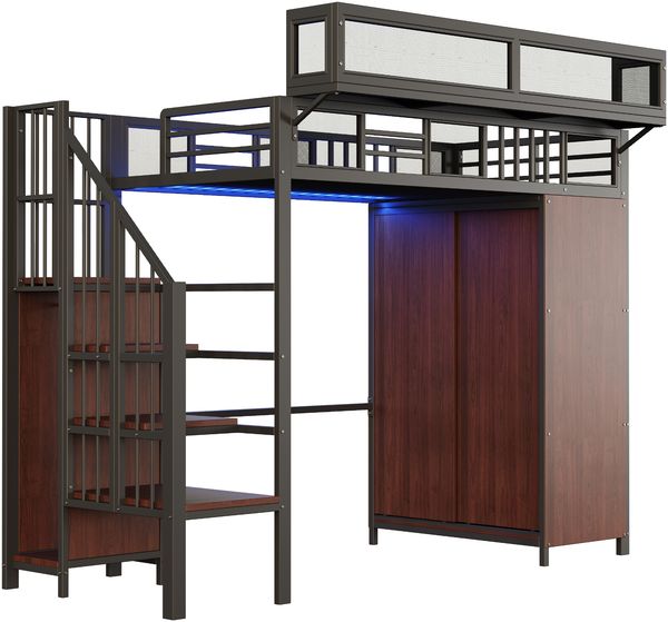 Hochbett 90x200 cm aus Metall und Holz mit Kleiderschrank, Sicherheitsleiter, LED-Beleuchtung und Stauraum, Schwarz Bild 8