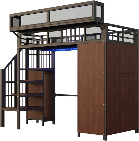 Hochbett 90x200 cm aus Metall und Holz mit Kleiderschrank, Sicherheitsleiter, LED-Beleuchtung und Stauraum, Schwarz Bild 9