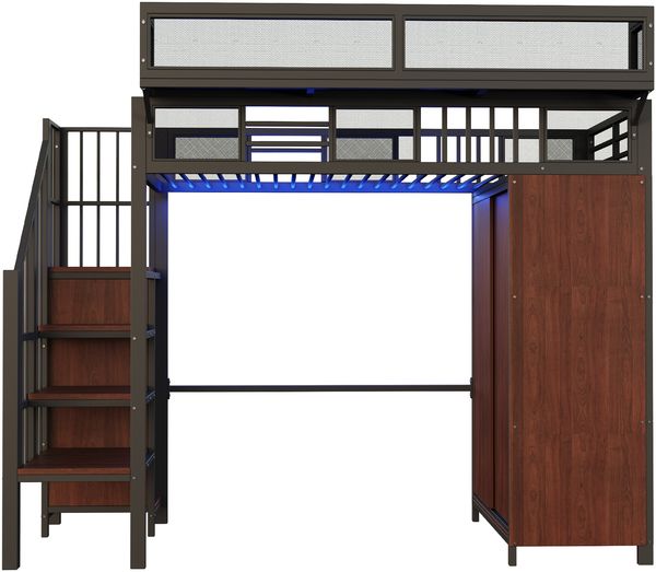 Hochbett 90x200 cm aus Metall und Holz mit Kleiderschrank, Sicherheitsleiter, LED-Beleuchtung und Stauraum, Schwarz Bild 4