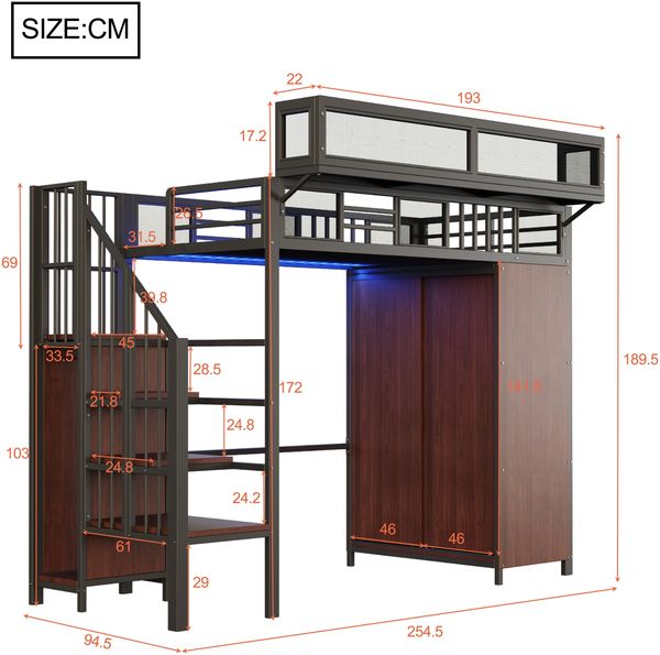 Hochbett 90x200 cm aus Metall und Holz mit Kleiderschrank, Sicherheitsleiter, LED-Beleuchtung und Stauraum, Schwarz Bild 5