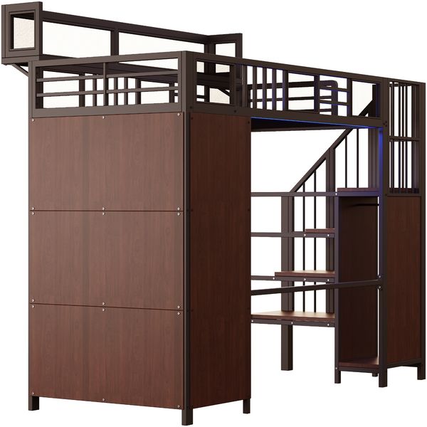 Hochbett 90x200 cm aus Metall und Holz mit Kleiderschrank, Sicherheitsleiter, LED-Beleuchtung und Stauraum, Schwarz Bild 6