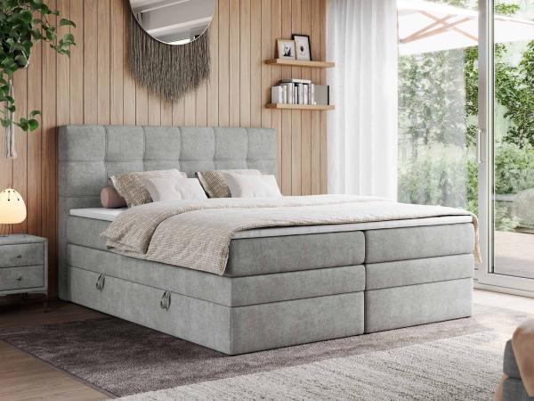 Boxspringbett, Polsterbett, Bett, Schlafzimmer - ERNI-KING - 160x200cm - Hellgrau Stoff - H4