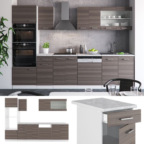 Küchenzeile R-Line Edelgrau/Weiß 300 cm mit Hochschrank, AP Anthrazit Vicco Bild 2