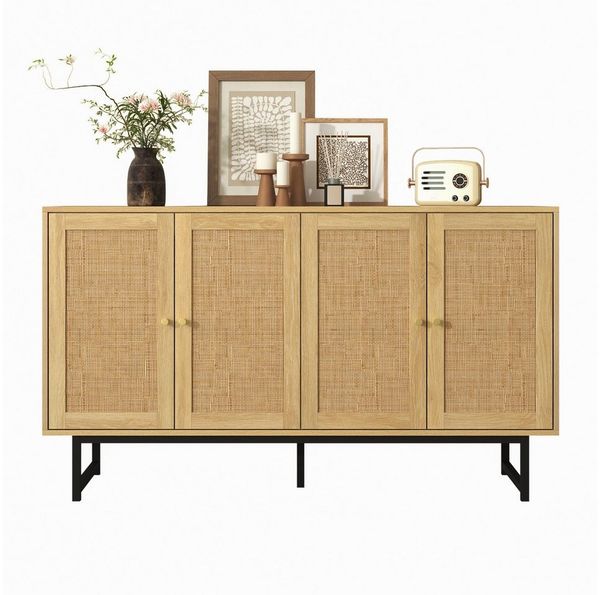 Yorbay Sideboard aus echtem Rattan, Landhaus & Scandi Design, mit 4 Schiebtüren aus echtem Rattangeflecht, 140x39,5x80 cm