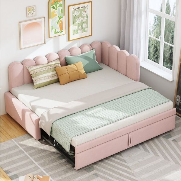 OKWISH Schlafsofa Multifunktionales L-förmiges Polsterbett Kinderbett, 90/180x200 cm Samt, Mit Ausziehfunktion für zusätzliches Bett, ohne Matratze