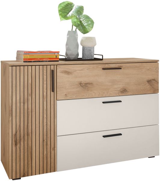 Sideboard >Daria< 1 Tür, 3 Schübe, Viking Oak Dekor hell / Weiß - 125x82,6x40cm (BxHxT)