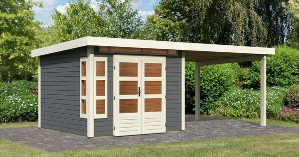 Gartenhaus Kastorf 6 - 274x274 cm plus Anbaudach 3,20m mit Wänden, 28 mm Holz terragau, Karibu